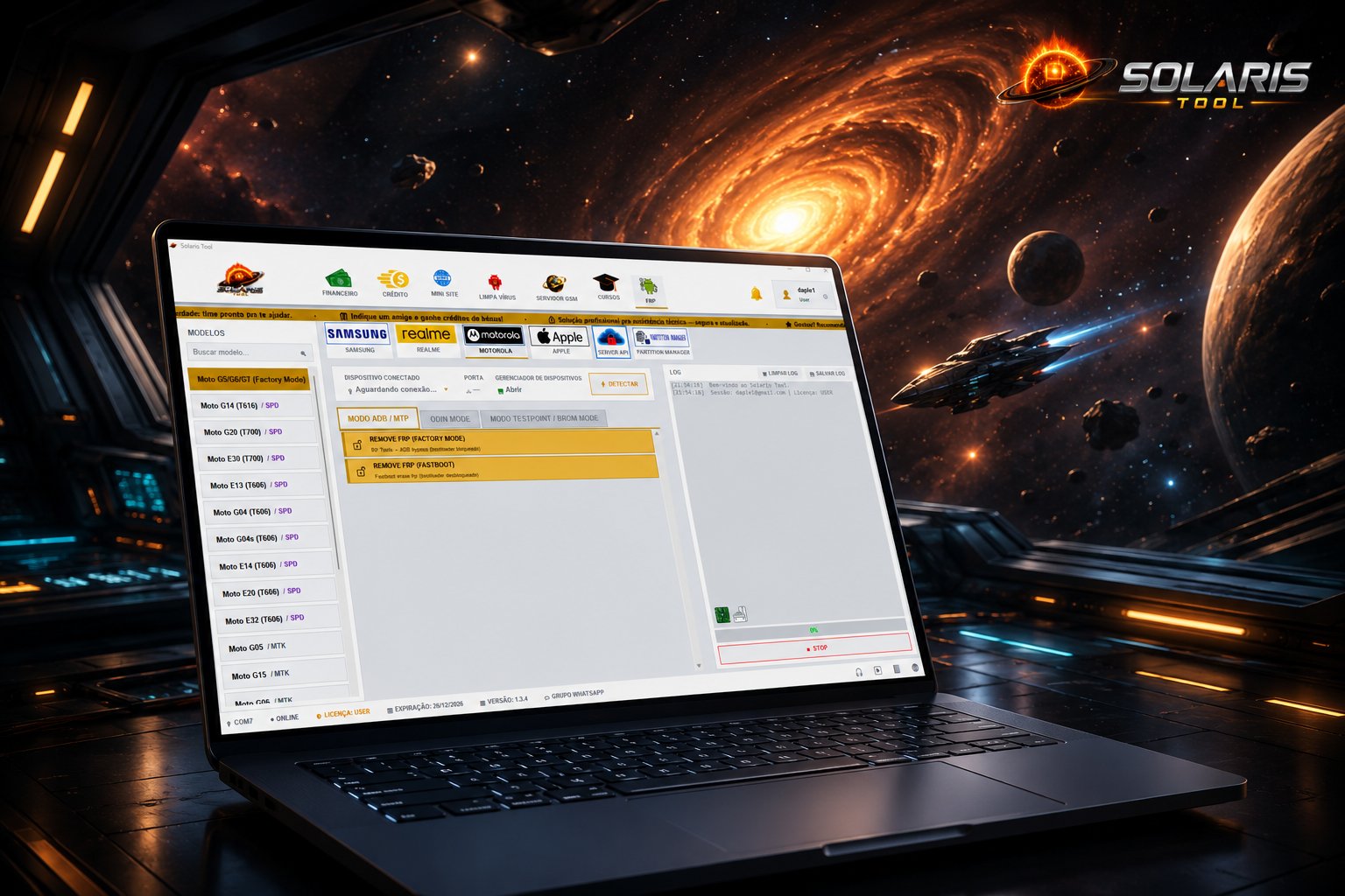 Notebook com o Solaris Tool aberto na aba FRP/Motorola, fundo espacial com o logo Solaris Tool.