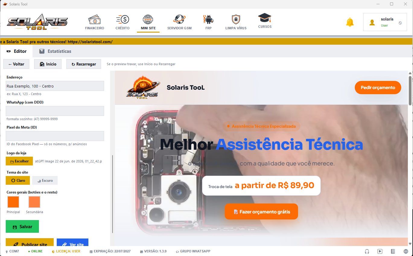 Tela do Solaris Tool